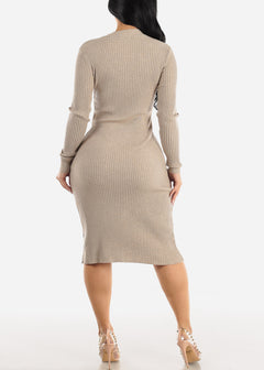 Long Sleeve Ribbed Bodycon Sweater Midi Dress Oatmeal