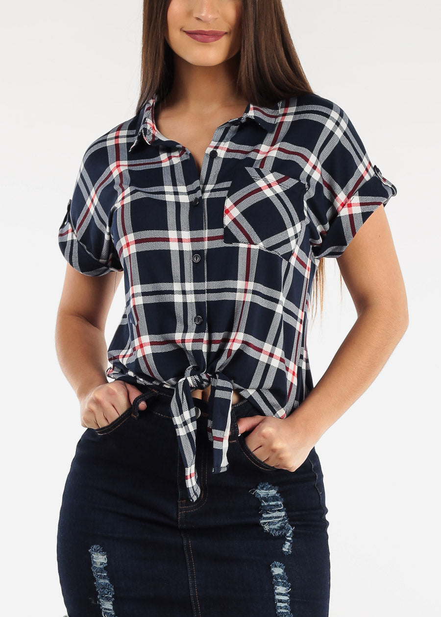 Short Sleeve Tie Front Button Up Plaid Shirt Navy