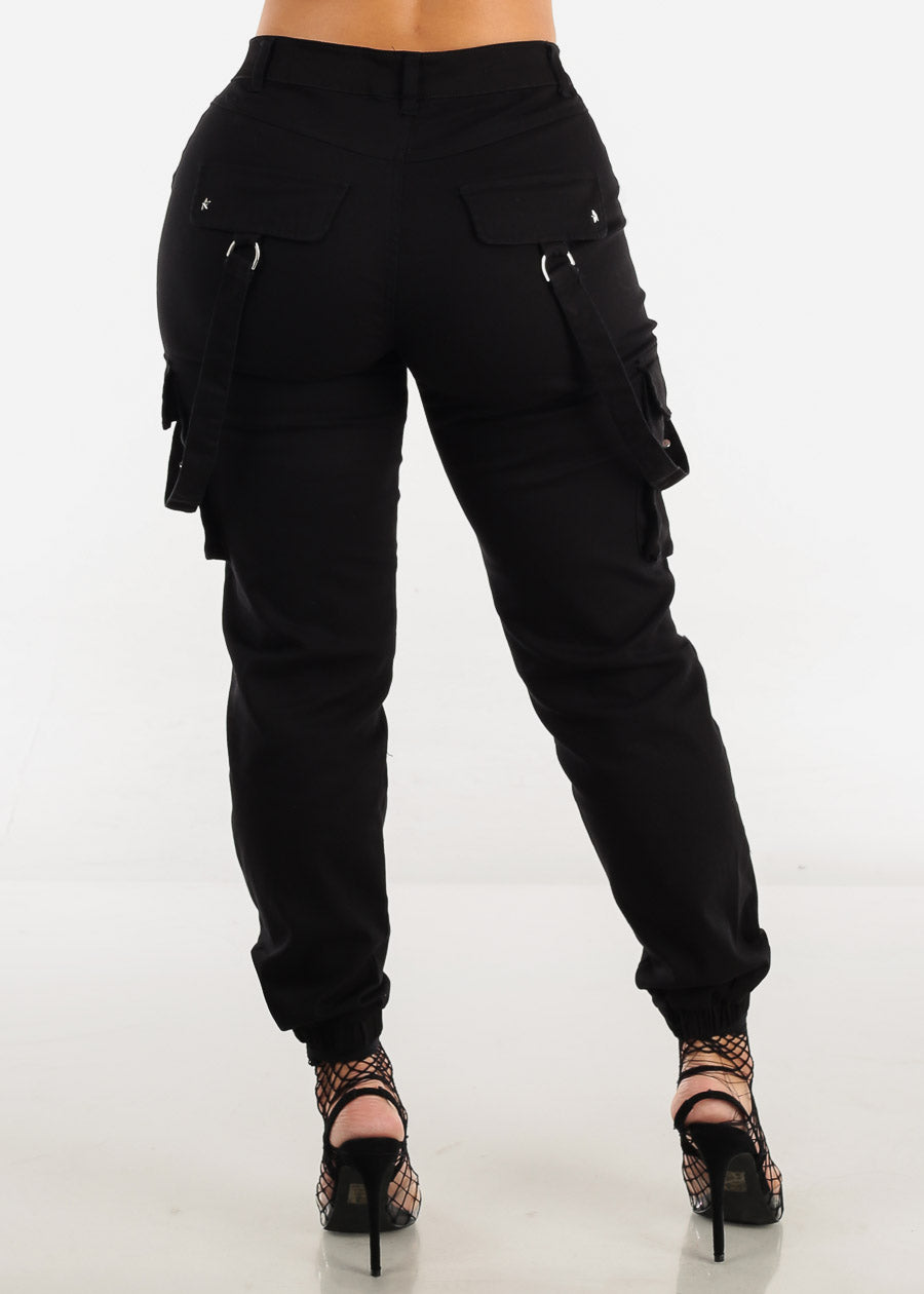 High Waist Black Jogger Pants w Studded Straps