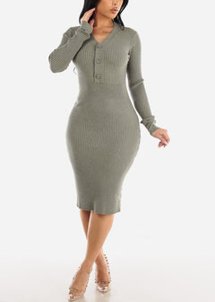Long Sleeve Ribbed Bodycon Sweater Midi Dress Light Olive