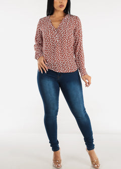 Vneck Roll Up Sleeve Floral Blouse Rust