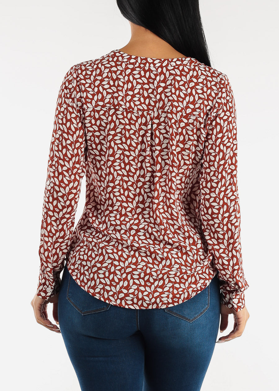 Vneck Roll Up Sleeve Floral Blouse Rust