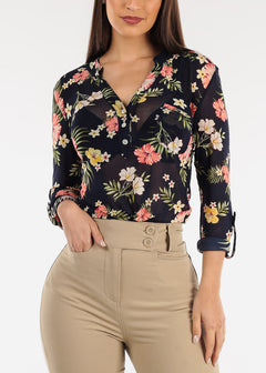 Long Sleeve Floral Mesh Half Button Blouse Navy