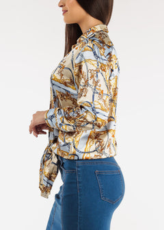 Long Sleeve Printed Satin Blouse w Front Tie