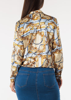 Long Sleeve Printed Satin Blouse w Front Tie