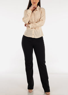 Long Sleeve Button Down Ruched Collared Blouse Nude