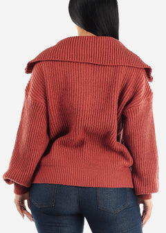 Zip Up Turtleneck Knit Stretch Sweater Rust