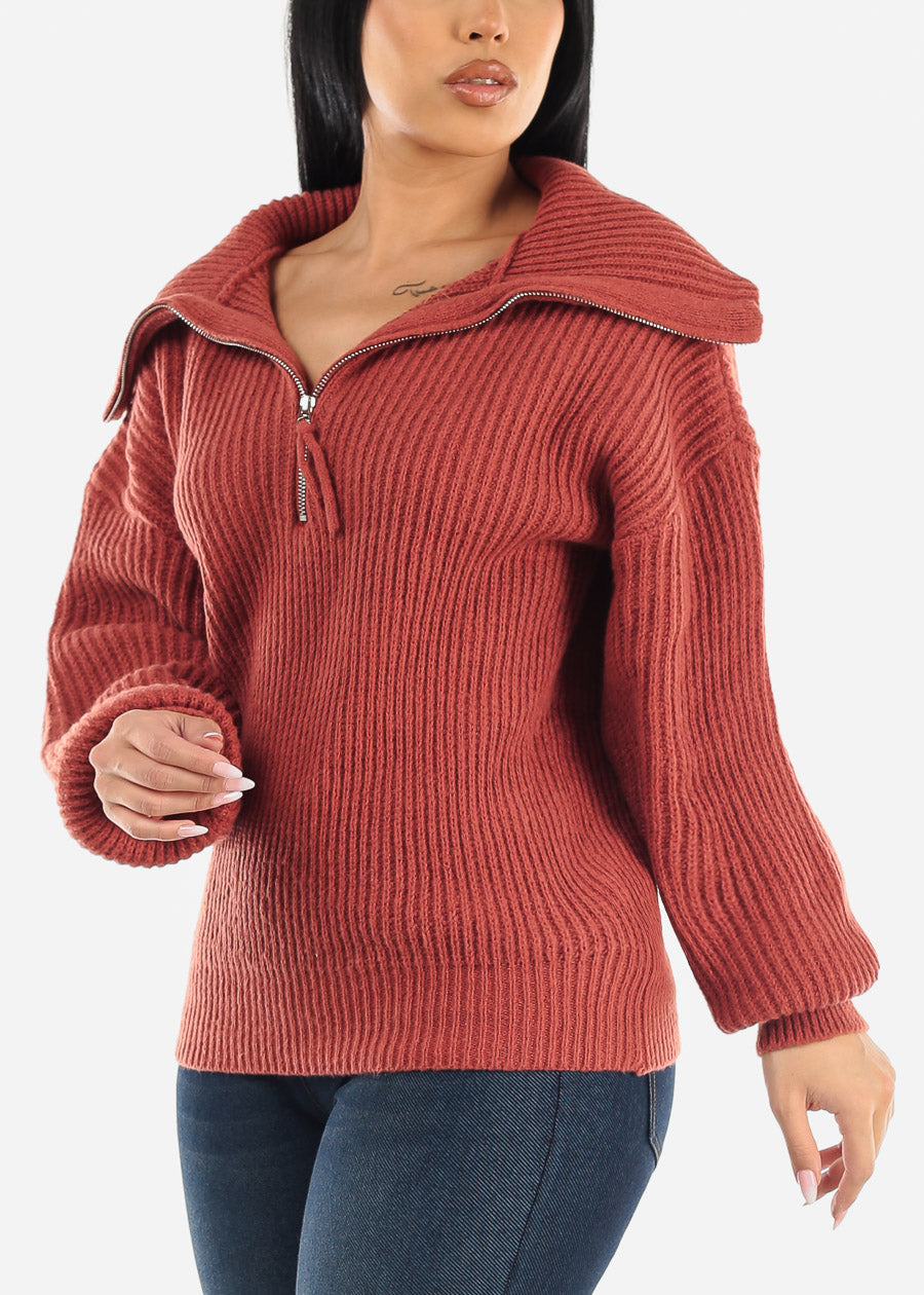 Zip Up Turtleneck Knit Stretch Sweater Rust
