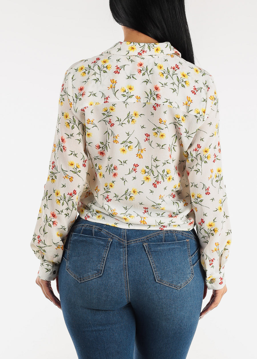 Tie Front Collared Button Down Floral Blouse Ivory