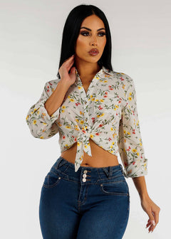 Tie Front Collared Button Down Floral Blouse Ivory