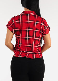 Short Sleeve Tie Front Button Up Plaid Shirt Red