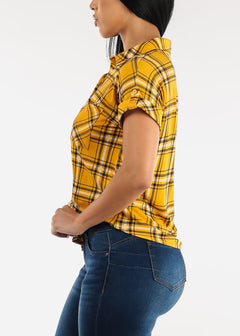 Short Sleeve Tie Front Button Up Plaid Shirt Yellow