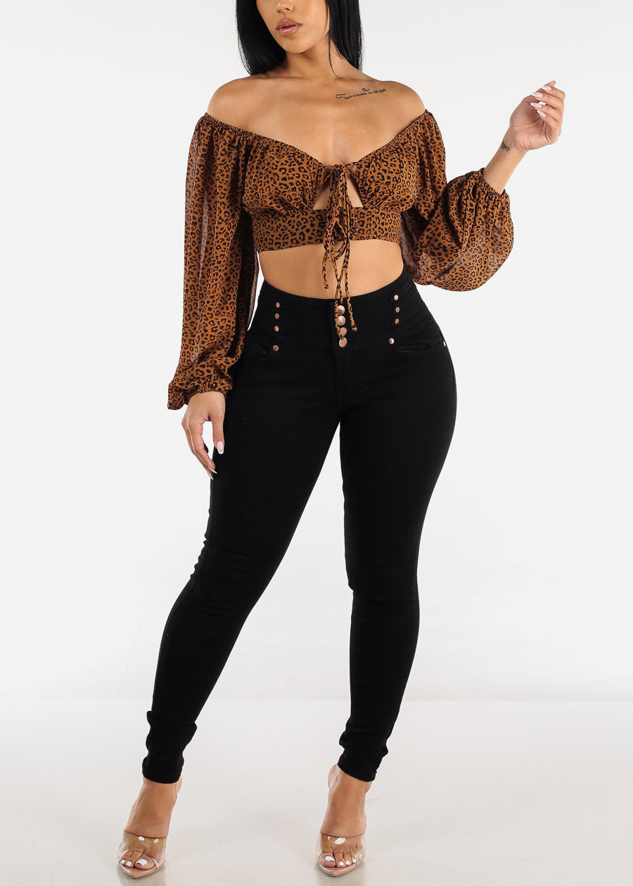 Leopard Lace Up Long Sleeve Crop Top Brown