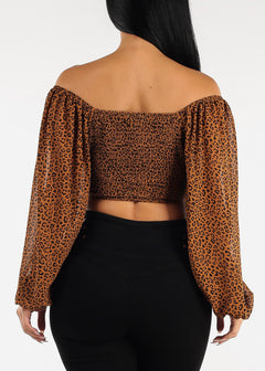 Leopard Lace Up Long Sleeve Crop Top Brown