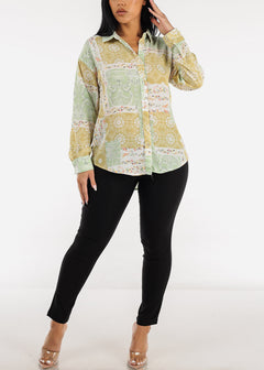 Long Sleeve Button Down Floral Shirt Sage