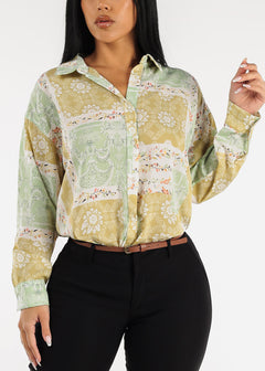 Long Sleeve Button Down Floral Shirt Sage
