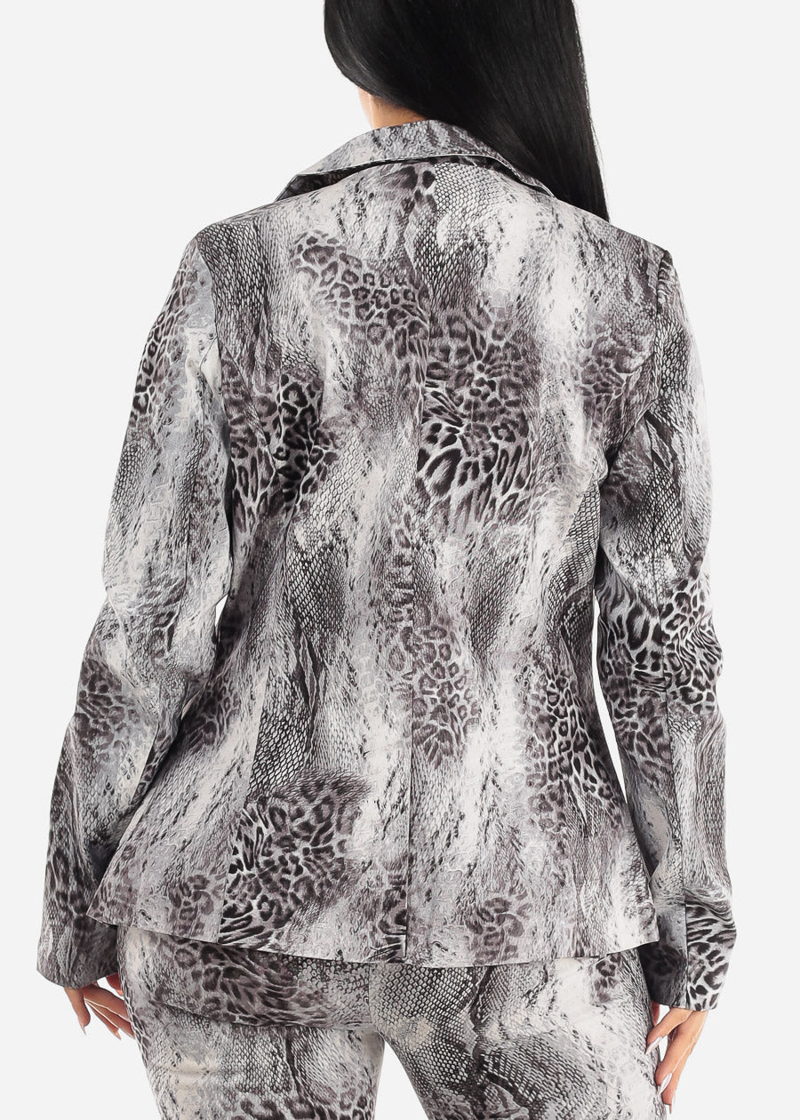 Formal Long Sleeve Animal Print Blazer Grey