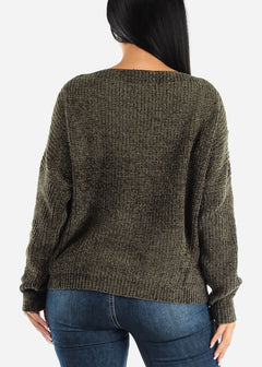 Long Sleeve Soft Knit Boat Neckline Sweater Olive
