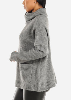 Tunic Turtleneck Knit Long Sleeve Sweater Grey w Pockets