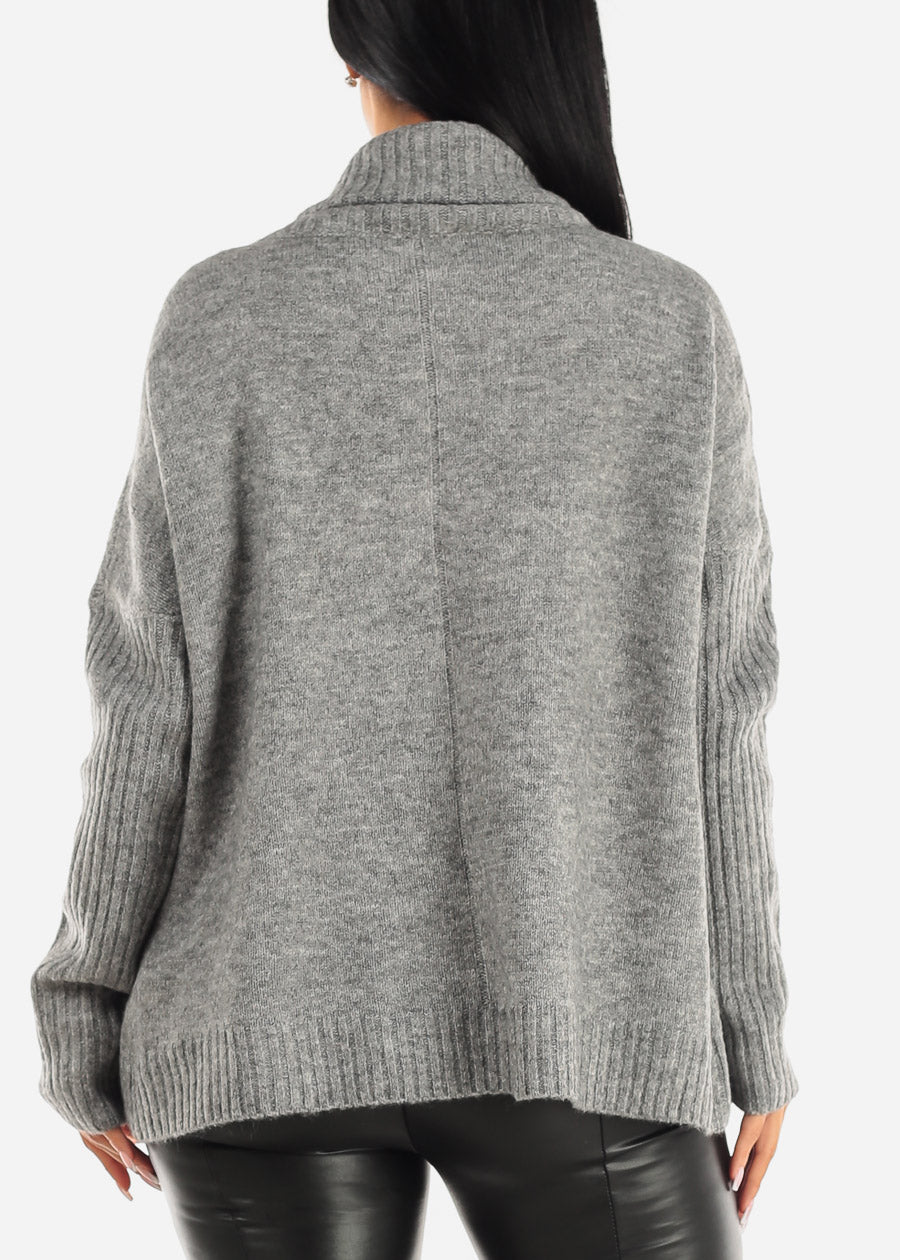 Tunic Turtleneck Knit Long Sleeve Sweater Grey w Pockets
