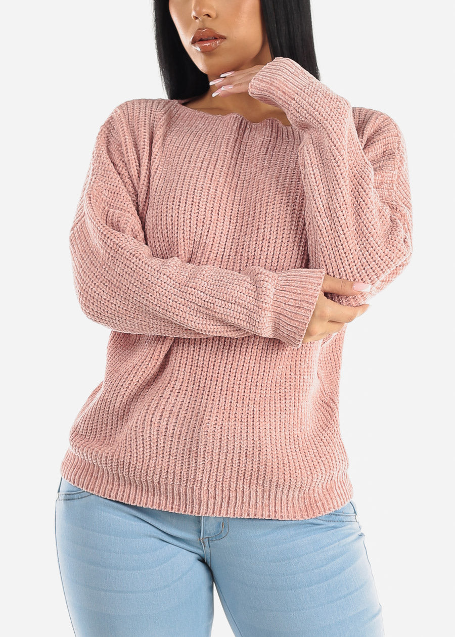 Long Sleeve Soft Knit Boat Neckline Sweater Mauve