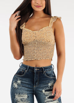 Sleeveless Smocked Floral Crop Top Yellow
