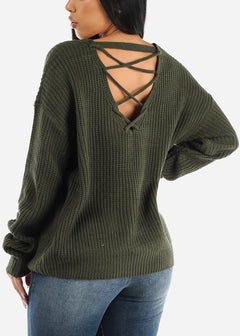 Back Lace Up Knit Long Sleeve Sweater Olive