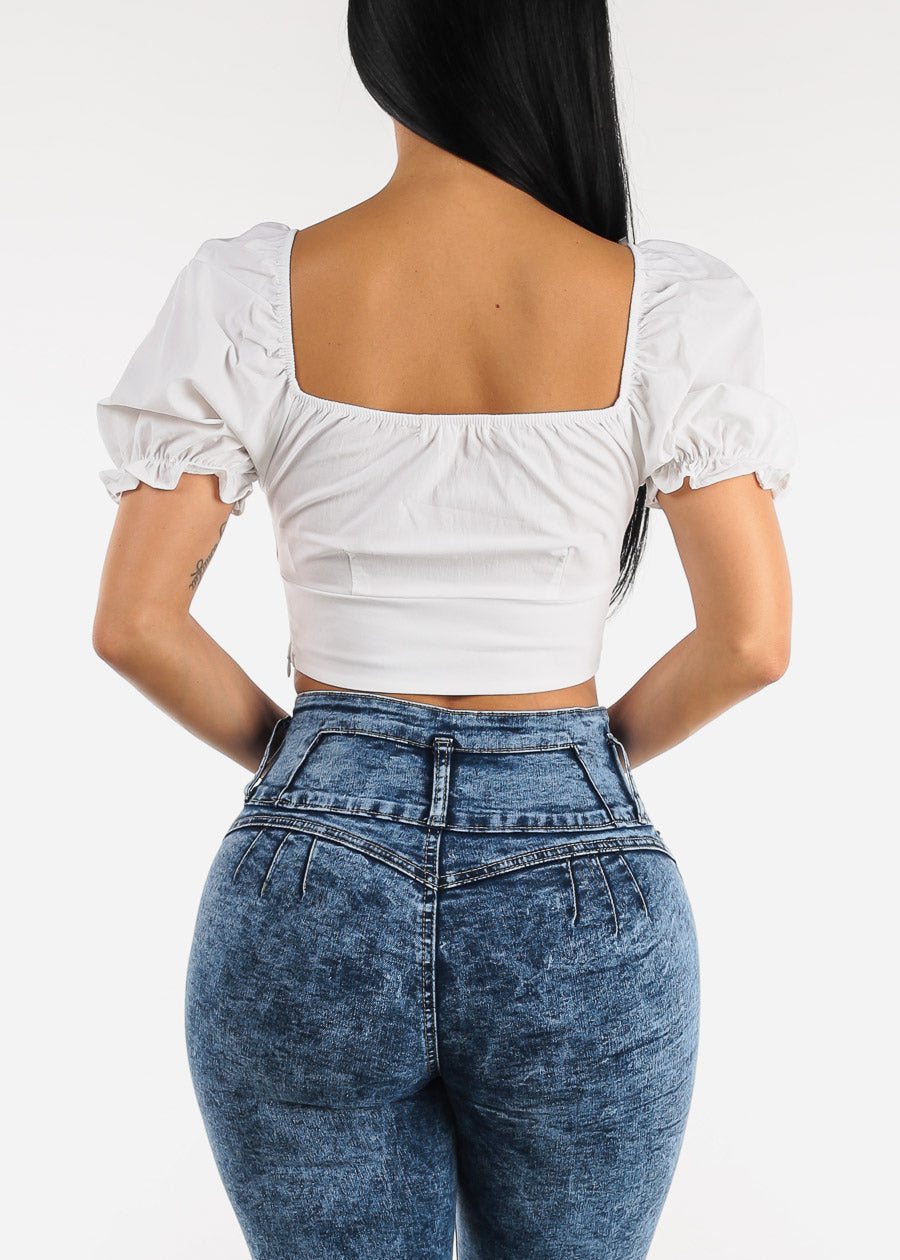 White Square Neck Short Sleeve Crop Top