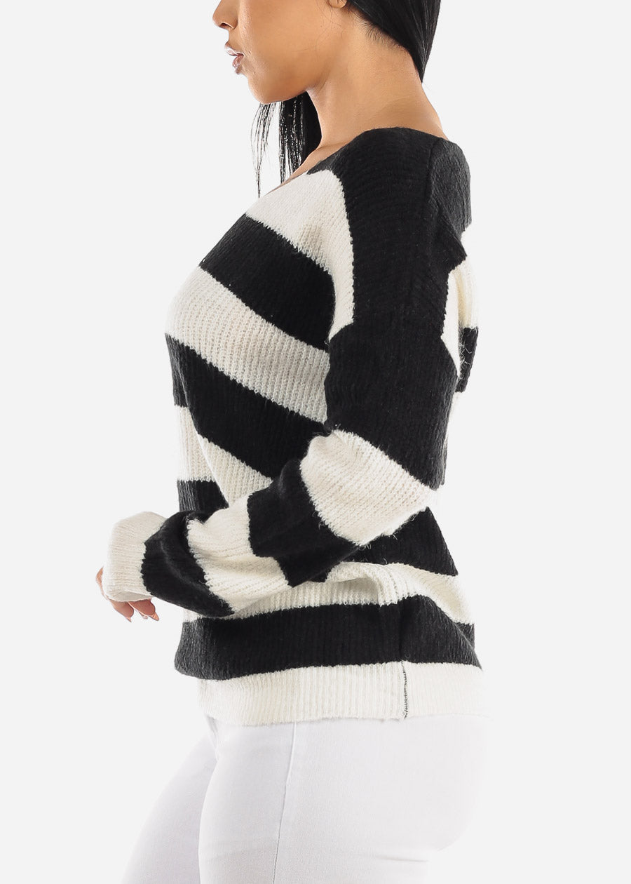 Vneck Soft Knit Striped Sweater Black & White