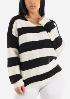 Vneck Soft Knit Striped Sweater Black & White