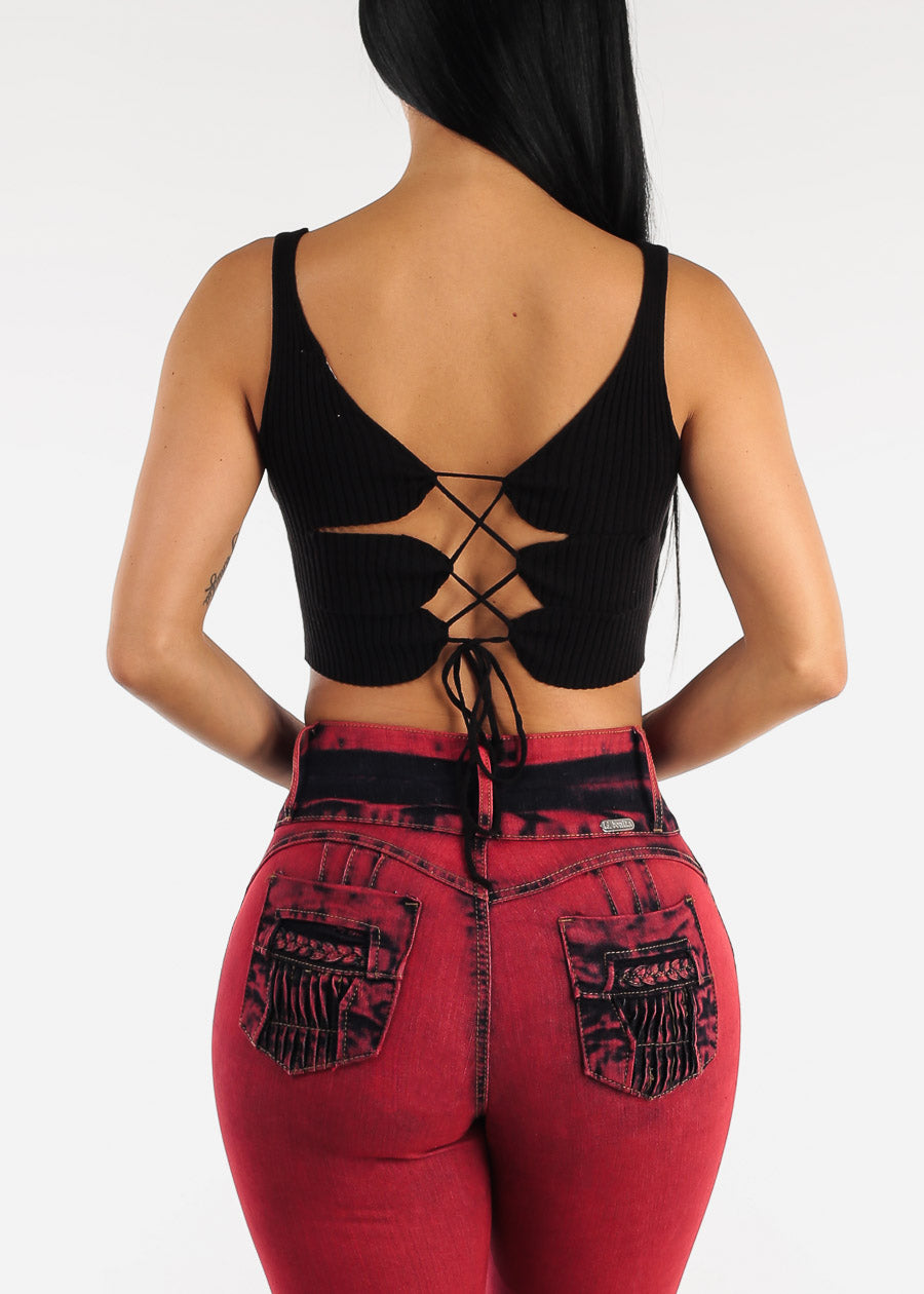 Black Open Back Knit Stretchy Crop Top