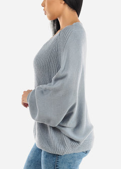 Long Dolman Sleeve V-Neck Knitted Sweater Light Blue
