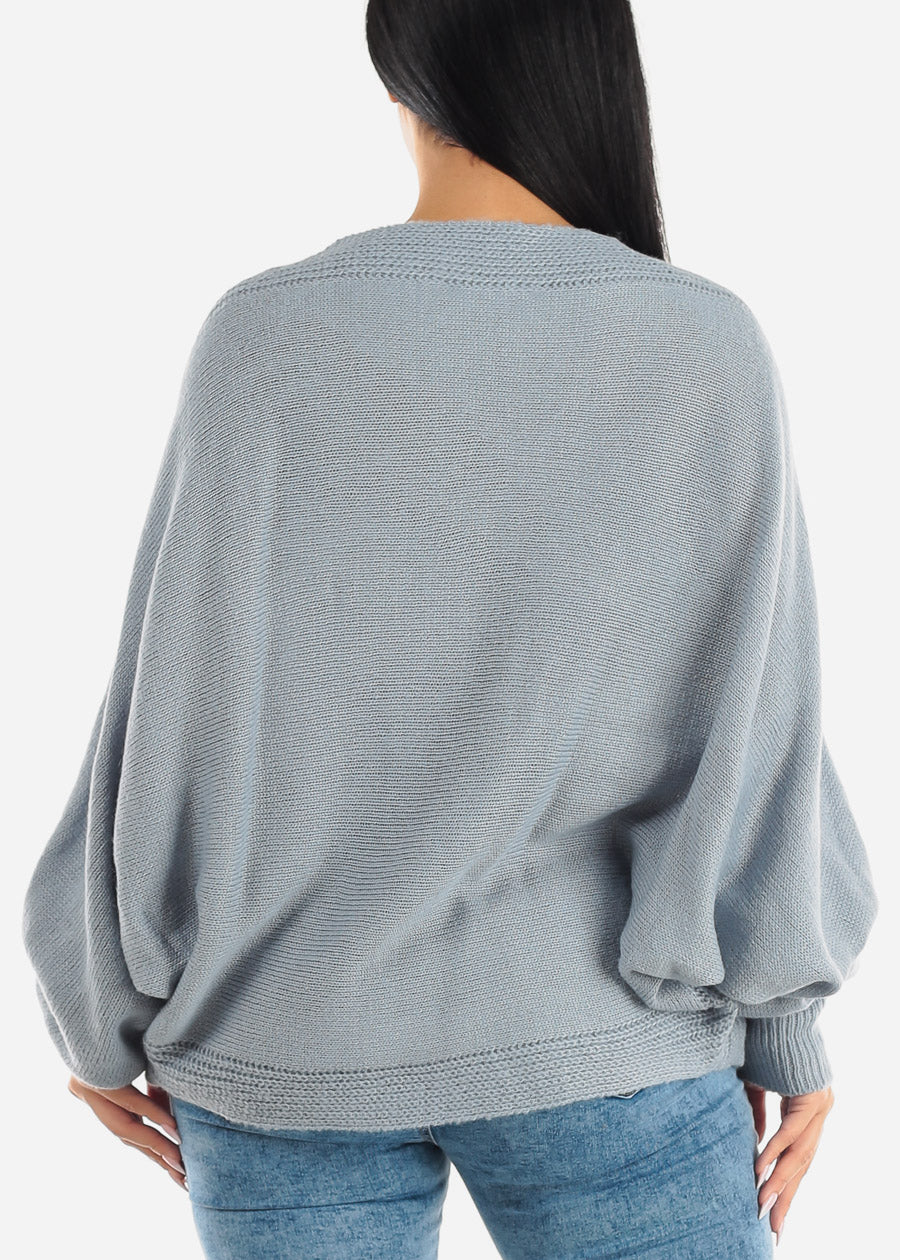 Long Dolman Sleeve V-Neck Knitted Sweater Light Blue