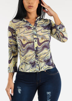 Stretchy Button Up Navy Marble Shirt