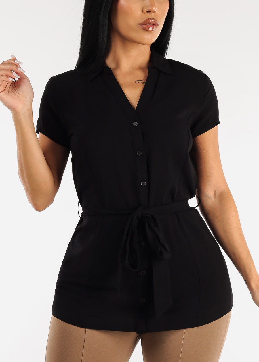 Black Short Sleeve Button Down Belted Tunic Blouse