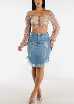 Off Shoulder Long Sleeve Floral Cropped Blouse Taupe