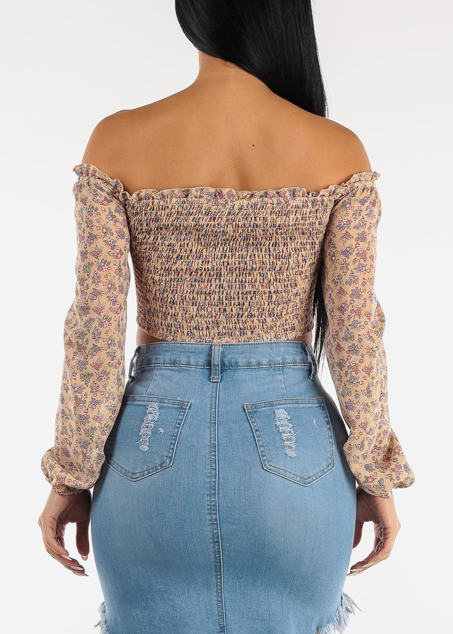 Off Shoulder Long Sleeve Floral Cropped Blouse Taupe