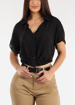 Short Sleeve Black Button Up Shirt w Twisted Front
