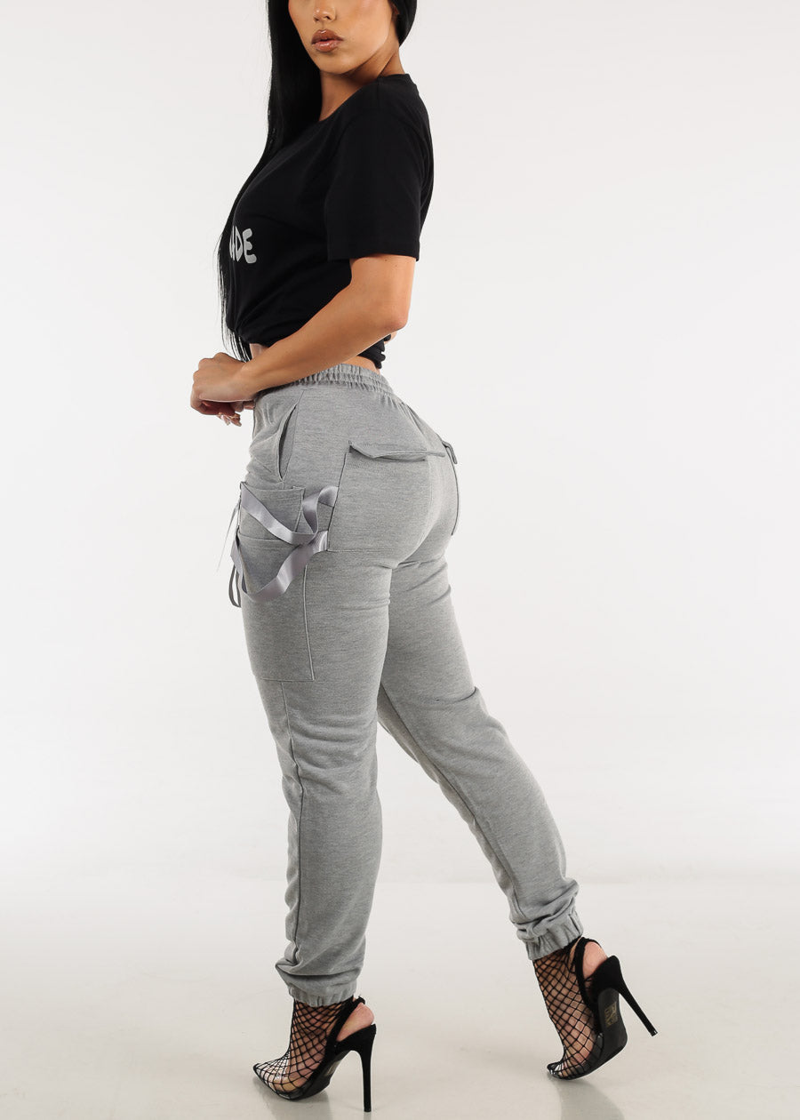 High Waisted Grey Cargo Jogger Pants w Straps