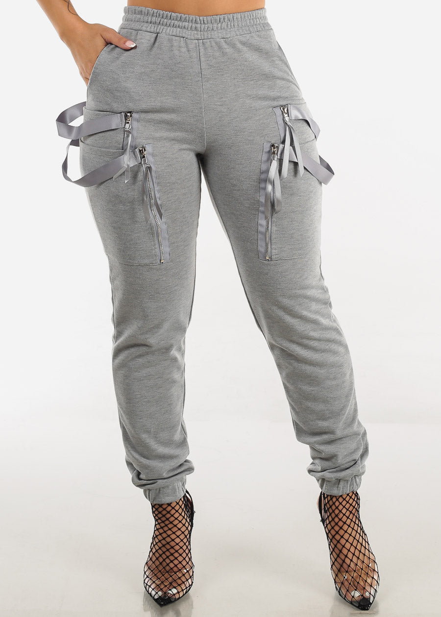 High Waisted Grey Cargo Jogger Pants w Straps