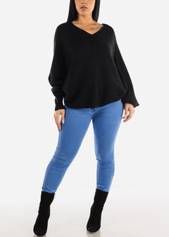 Black Long Dolman Sleeve V-Neck Knitted Sweater