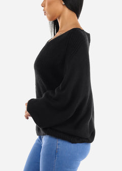 Black Long Dolman Sleeve V-Neck Knitted Sweater
