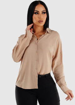 Beige Oversized Long Sleeve Button Down Shirt
