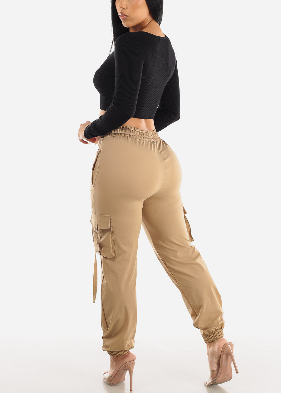 Women's Pull On Cargo Style Jogger Pants - Khaki High Waist Cargo Joggers – Moda  Xpress