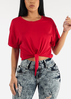Red Oversized Tie Front Short Sleeve T-Shirt
