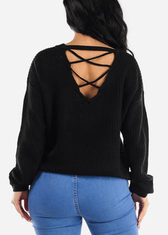 Black Back Lace Up Knit Long Sleeve Sweater