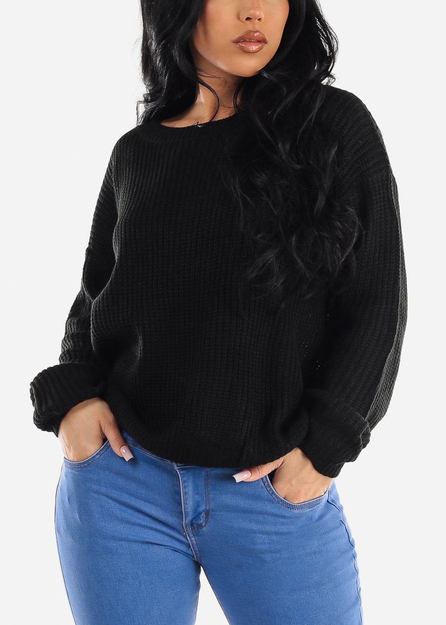 Black Back Lace Up Knit Long Sleeve Sweater