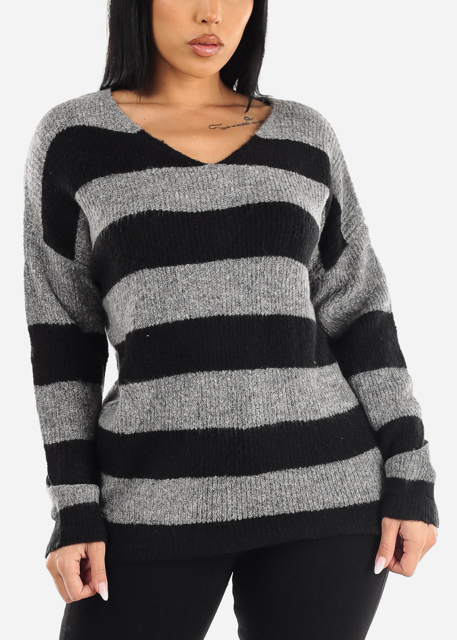 Vneck Soft Knit Striped Sweater Grey & Black