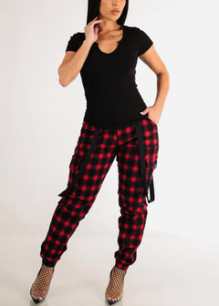 High Waist Red Plaid Cargo Jogger Pants w Straps