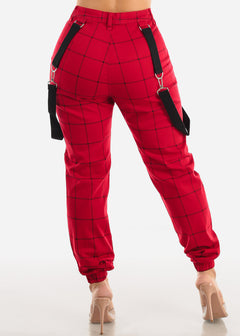 High Waisted Red Plaid Jogger Pants w Straps